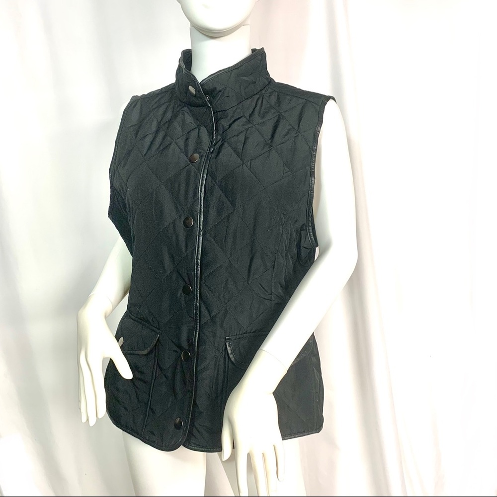 Christopher & Banks Black Quilted Vest With Pleather Faux Leather Trim M Medium